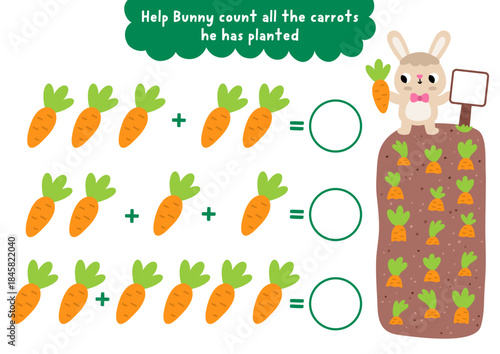 How many carrots game with cute bunny growing vegetables. Spring holiday math addition activity for preschool children. Simple printable counting worksheet for kids with hare gardener