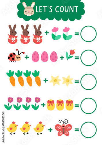 Vector math game. How many Easter symbols. Spring holiday addition activity for preschool children. Simple printable counting worksheet for kids with egg, chocolate bunny, chick, carrot, flower