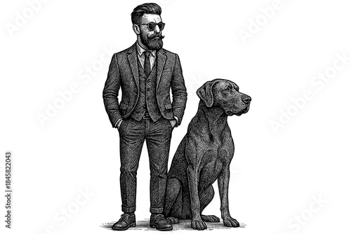 Dapper bearded man in suit with sunglasses standing beside large dog engraving style art