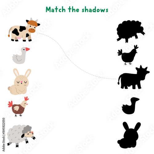 Easter village shadow matching activity with farm animals, birds. Spring holiday puzzle with cute cow, goose, bunny, hen, sheep. Find correct silhouette printable worksheet, game, page for kids