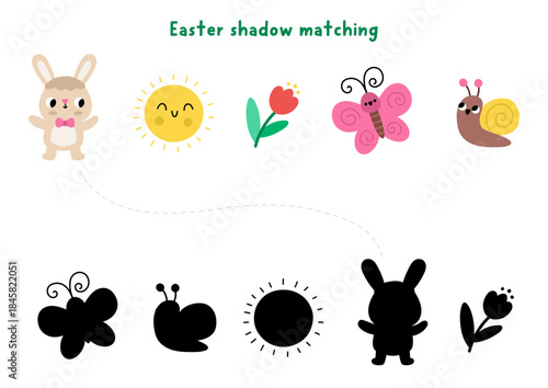 Easter village shadow matching activity with holiday symbols. Spring puzzle with cute bunny, sun, tulip, butterfly, snail. Find correct silhouette printable worksheet, game, page for kids