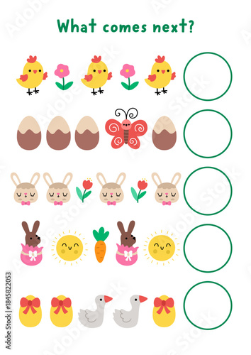 What comes next. Easter logical activity for preschool children with holiday symbols. Spring logic succession worksheet. Continue the row game with chick, bunny, egg, flower, butterfly