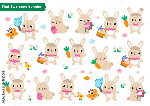 Find two same bunnies. Easter village matching activity for children. Spring holiday educational quiz worksheet for kids. Printable game with cute hares with egg baskets, carrots, flowers