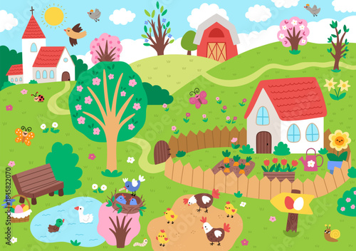 Vector Easter village landscape. Rural nature scene with roads, chapel, country house, barn. Spring holiday background for kids with church, blooming trees, birds, sun, garden. Egg hunt scenery