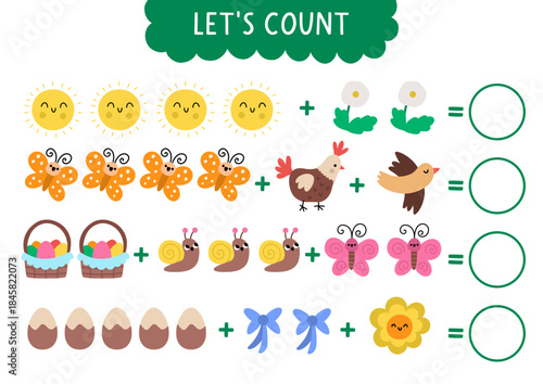 Vector math game. How many Easter symbols. Spring holiday addition activity for preschool children. Simple printable counting worksheet for kids with chocolate egg, flower, hen, sun, basket