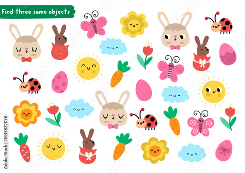 Find two same objects. Easter village matching activity for children. Spring educational quiz worksheet for kids with holiday symbols. Printable game with cute bunny, eggs, carrots, flowers