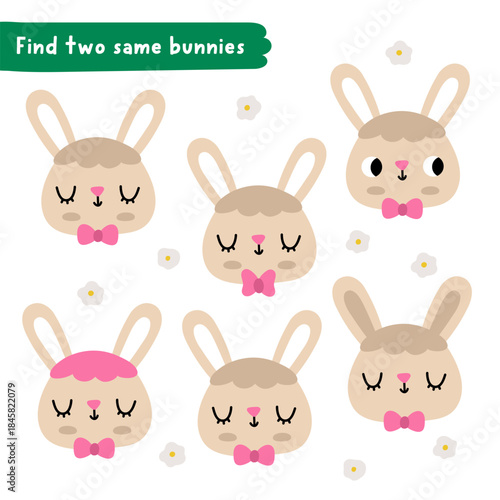 Find two same bunnies. Easter village matching activity for children. Spring holiday educational quiz worksheet for kids. Printable game with cute hare faces