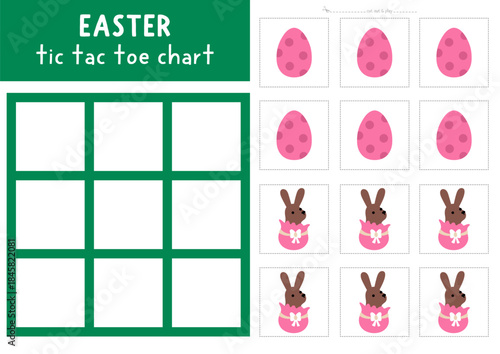 Vector Easter village tic tac toe chart with holiday symbols. Spring board game playing field. Funny printable worksheet. Noughts and crosses grid with chocolate egg and bunny