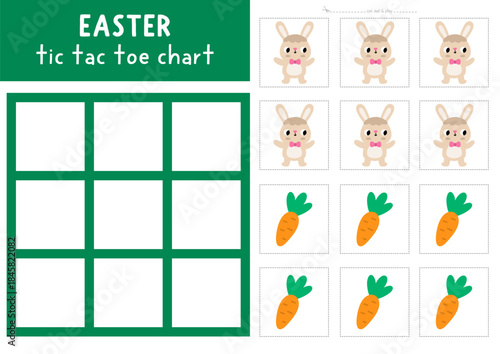 Vector Easter village tic tac toe chart with holiday symbols. Spring board game playing field with cute characters. Funny printable worksheet. Noughts and crosses grid with bunny and carrot