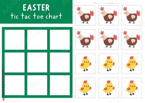 Vector Easter village tic tac toe chart with holiday symbols. Spring board game playing field with cute characters. Funny printable worksheet. Noughts and crosses grid with hen and chick