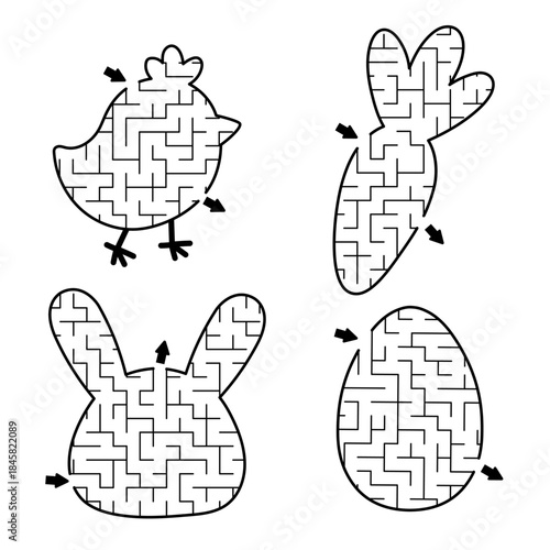 Easter village geometrical maze set for kids with holiday symbols. Spring preschool printable activity shaped as chick, bunny, egg, carrot. Labyrinth game or puzzle collection for children