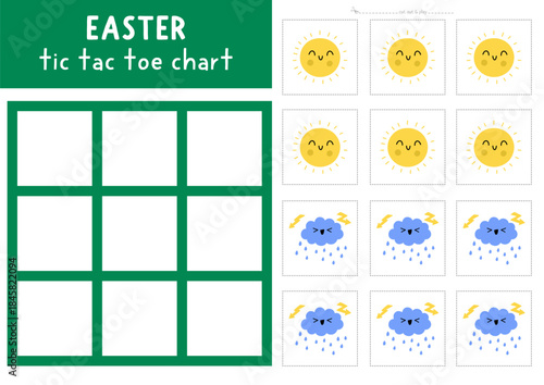 Vector Easter village tic tac toe chart with weather elements. Spring holiday board game playing field with. Funny printable worksheet. Noughts and crosses grid with rainy cloud and sun