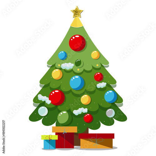 Decorated Christmas Tree with Gifts – Cute Cartoon Illustration