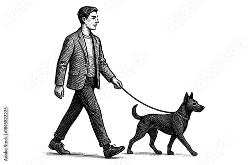 Vintage style etching of man walking dog on leash