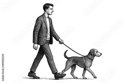 Detailed hand drawn style man walking dog in black and white