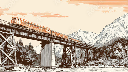 Scenic Train Crossing Bridge with Mountain Background