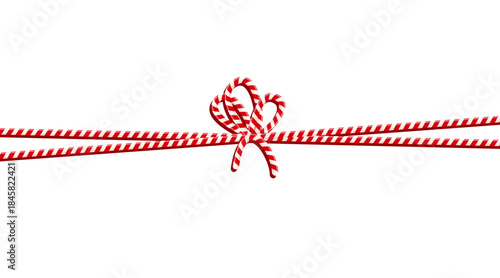 Red cotton cord, twine, bow, and ribbons for a gift isolated on a white background. Horizontal banner. Wrapping twine for decorating gifts for Christmas and birthdays. Vector EPS10