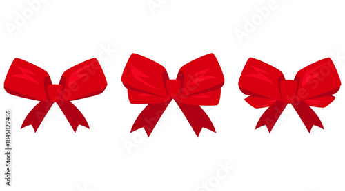 Set of colorful simple decorative holiday ribbon bows for gifts and hair decoration, isolated on a transparent background.
