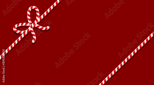 A flat, minimalist red background with a gift tied with red cotton twine, a bow, and ribbons. Wrapping twine for gifts, baked goods boxes, and other occasions