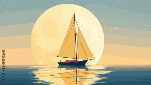 Sailboat Floating on Water with Full Moon Reflection - Serene Night Scene