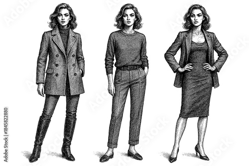 Elegant fashion outfits: three women in stylish attire drawn in detailed vintage style