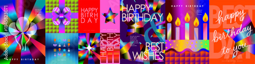 Happy Birthday. Modern abstract gradient 3D vector illustrations of a gift, balloons, star, cake, candles, and festive typography for greeting card, corporate business card, poster, background