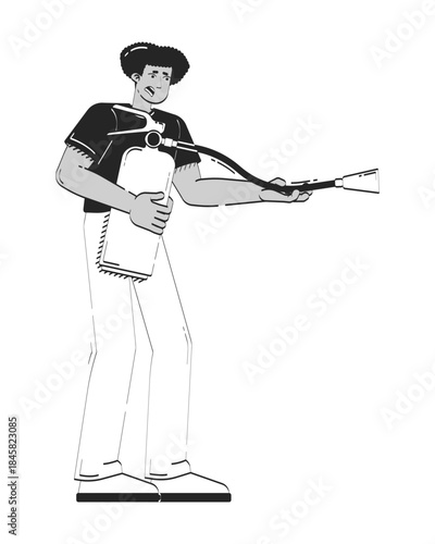 Anxious hispanic man using fire extinguisher doodle linear character. Nervous latino guy extinguishing firefighting 2D vector outline person isolated. Hand drawn drawing illustration monochrome