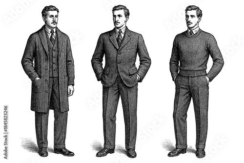 Vintage men's fashion: classic 19th century gentlemen's suits in detailed engraving style