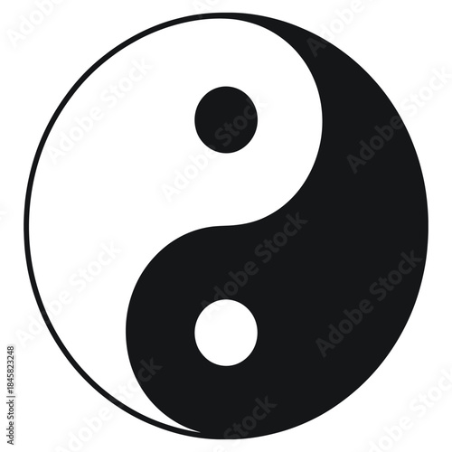 Classic yin yang symbol representing balance and harmony, with contrasting black and white swirling halves each containing a dot of the opposite color, on clean white background