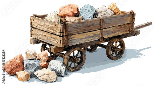 Rustic Wooden Cart with Rocks and Hand-Drawn Map Illustration