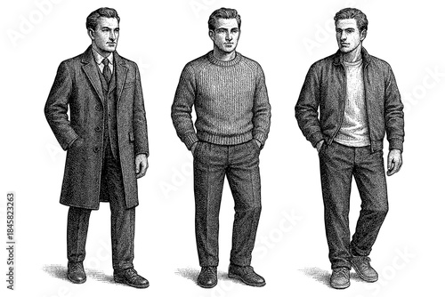 Vintage engraving style men in various outfits and attitudes