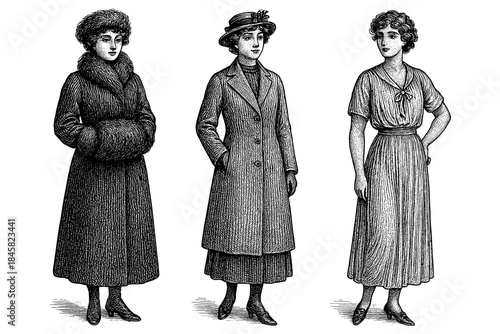 Elegant women fashion from the early 20th century in detailed black and white engraving