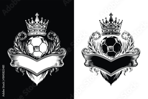 Vintage soccer badge template with blank ribbon for text edit. Retro football emblem t-shirt design with grunge texture. Monochrome engraving style vector illustration.