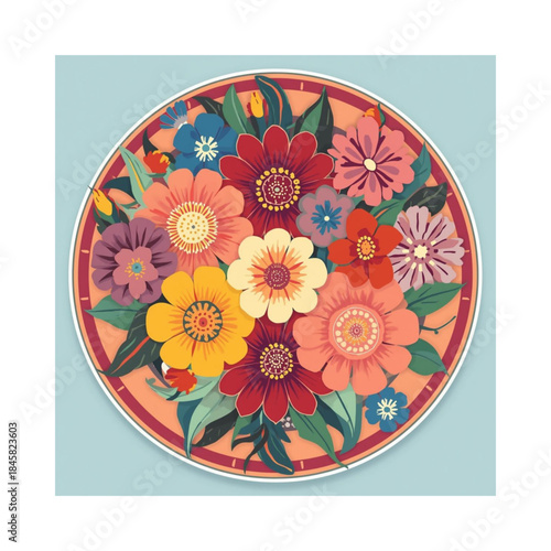 Vibrant floral plate with colorful flowers on light blue background