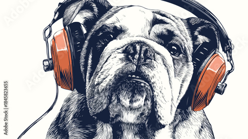 Adorable Bulldog Listening to Music with Headphones Vector Illustration