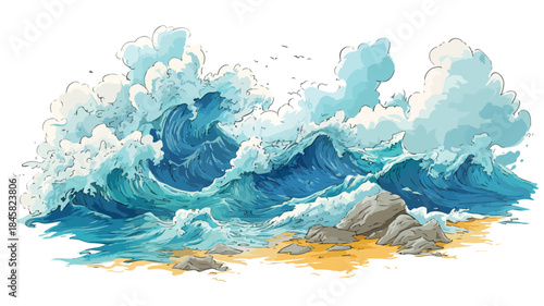 Dynamic Waves Crashing Shore Vector Illustration