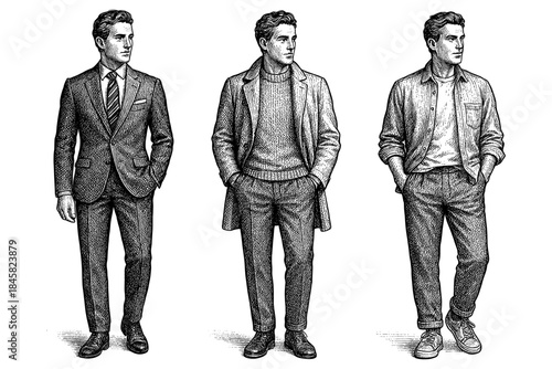 Classic to casual men’s fashion transformation in detailed engraving style