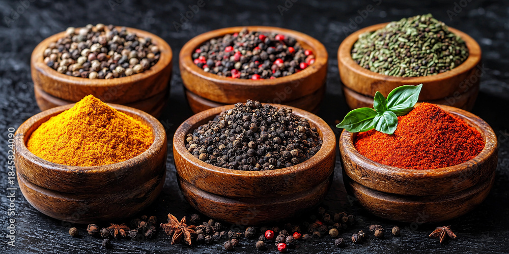 Fototapeta premium Spices arranged in bowls on a dark surface Generative AI