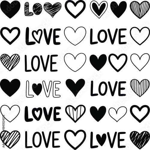 Decorative hand drawn black and white love heart pattern background for romantic design