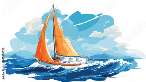 Sailboat Sailing on Ocean Vector Illustration with Outline Isolated