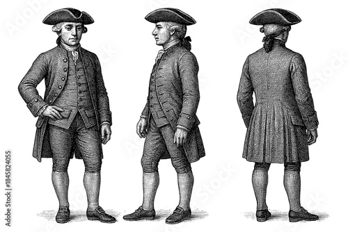 Detailed black and white engraving of 18th century gentlemen in historical attire