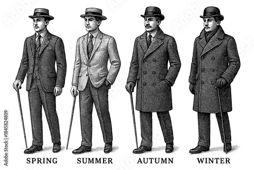 Vintage men's fashion: seasonal styles from spring to winter in engraved artwork