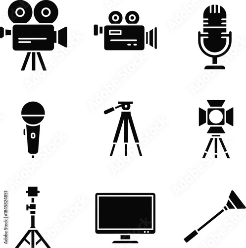 Assortment of Video Production and Audio Recording Equipment Icons video camera film camera