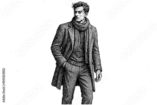 Elegant fashionable man in vintage textured engraving style wearing coat and scarf