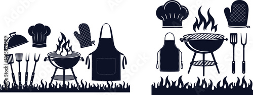 Barbecue grill set with cooking utensils, aprons, chef hats, and flames food outdoor