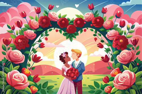 heart shaped floral arch covered in red and pink rose