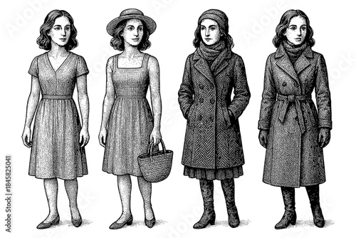 Elegant seasonal fashion: women in vintage etching style outfits for all weather