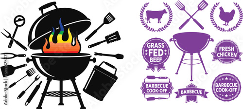 Black and Purple Barbecue Grill and Food Icons with Flames and Meats charcoal grill grilling
