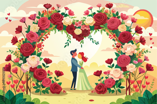 heart shaped floral arch covered in red and pink rose