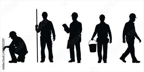 Black Silhouette Construction Workers with Tools and Bucket on White Background hard hat